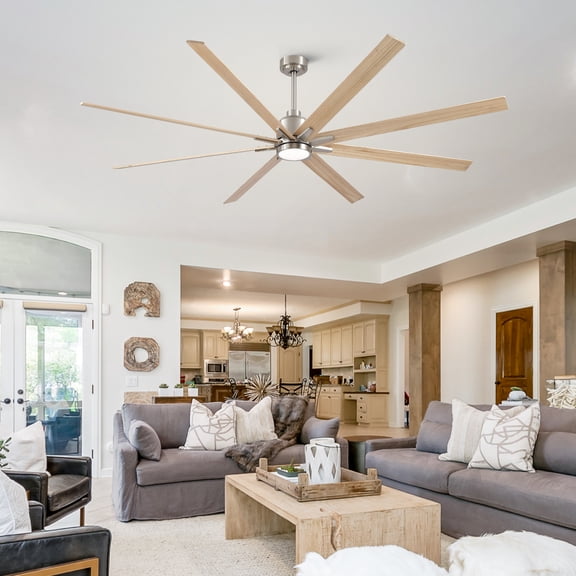 YUHAO 84" Large Farmhouse Ceiling Fan with Light,6-Speed Reversible DC 8 Soild Wood Blades Fan, 3 CCT Dimmable LED Light with Remote for Living Room Garage Warehouse Restaurant