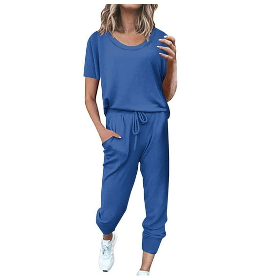 YUHAOTIN 2 Piece Pants Set for Women Dressy Casual 2Pc Pure Color Suit Short Sleeve Leisure Pocket Home Sweatpants Sets Capri Sets Women 2 Piece Outfits Vacation Sexy Date Night Outfits for Women