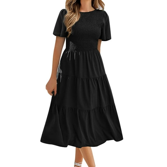 YUHAOTIN Black Dress Boots for Women Women's 2024 Summer Casual Flutter Short Sleeve V Neck Smocked Elastic Waist Tiered Midi Dress Chiffon Dresses for Women White Mini Dress