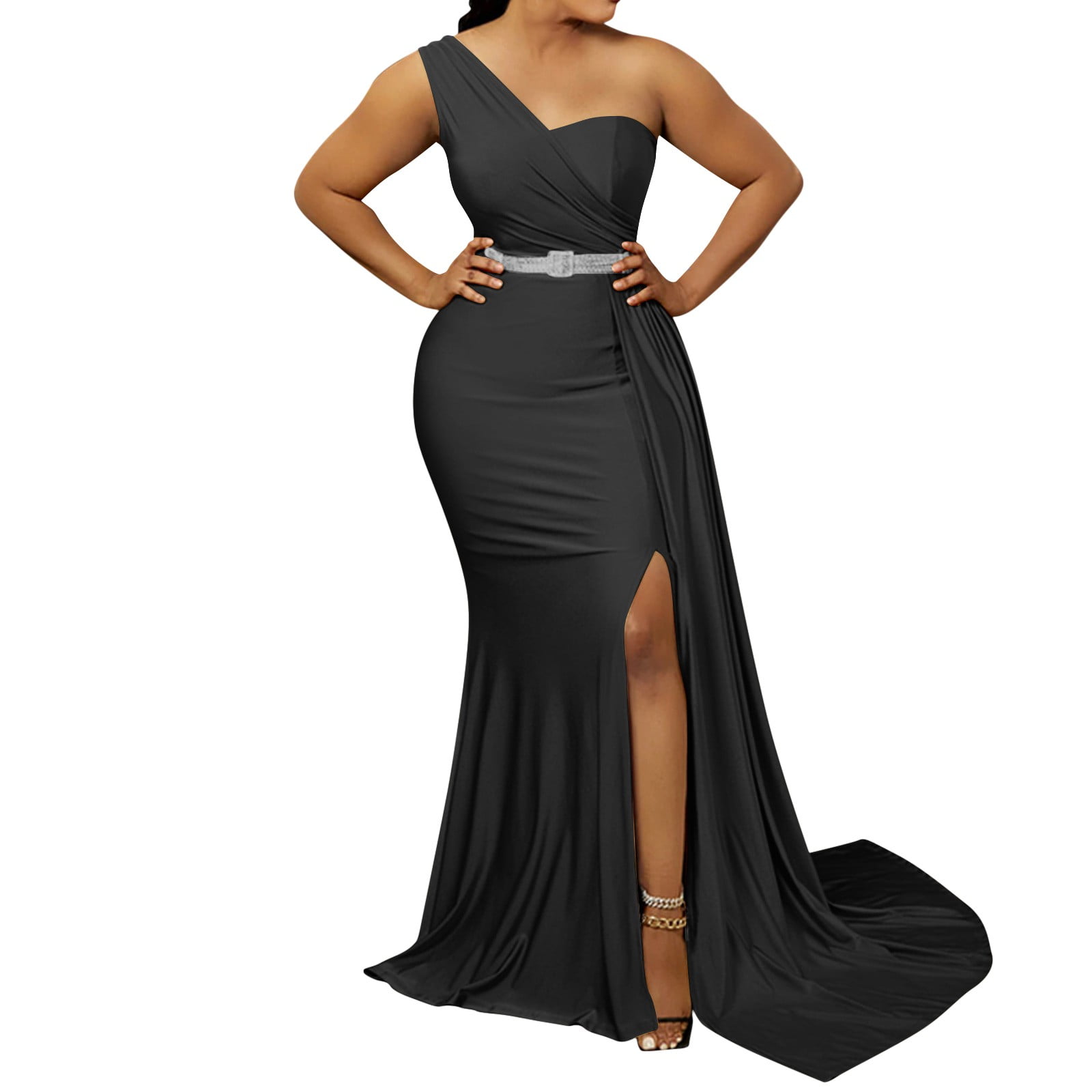 YUHAOTIN Black Dresses for Women Sexy Sparkly Women One Shoulder Long Prom Dress Elegant Bodycon
