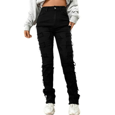 YUHAOTIN Black Jeans Womens High Waisted Petite Women Denim Embroidered Straight Leg Pants Stretch Patch Denim Stacked Straight Leg Jeans for Women Women Jeans Capri Jeans for Women Petite Short Plus