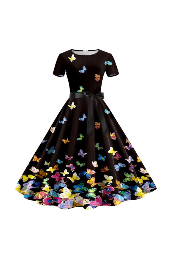 Female Backless Dress Women Print Round Neck Short Sleeve 1950S Evening Party Prom Dress Open Back Dress for Women 2024 with Sleeves Fitted