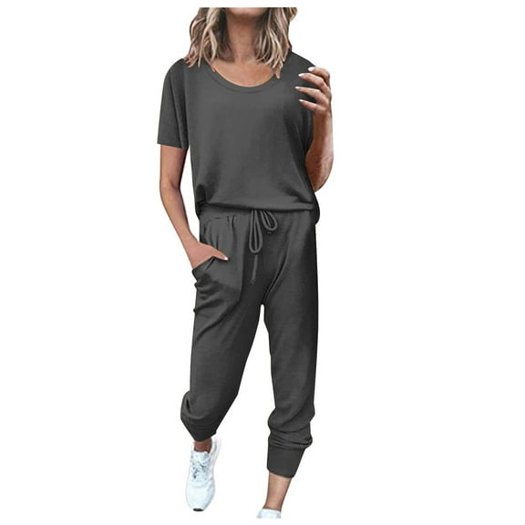 YUHAOTIN Female Dressy Pant Suits Plus Size 2Pc Women Pure Color Suit Short Sleeve Leisure Pocket Home Sweatpants Sets Women Two Piece Outfits Sets Summer Casual Outfits for Women