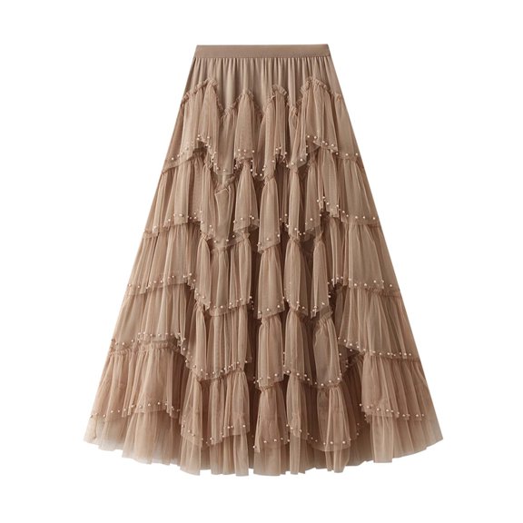 YUHAOTIN Female Long Skirts for Women with Pockets Women's a Line Tulle Party Dinner Tutu Skirt Brown Stretchy High Waisted Flared Skirt Flowy Skirt with Slit for Women Maternity Maxi Skirt