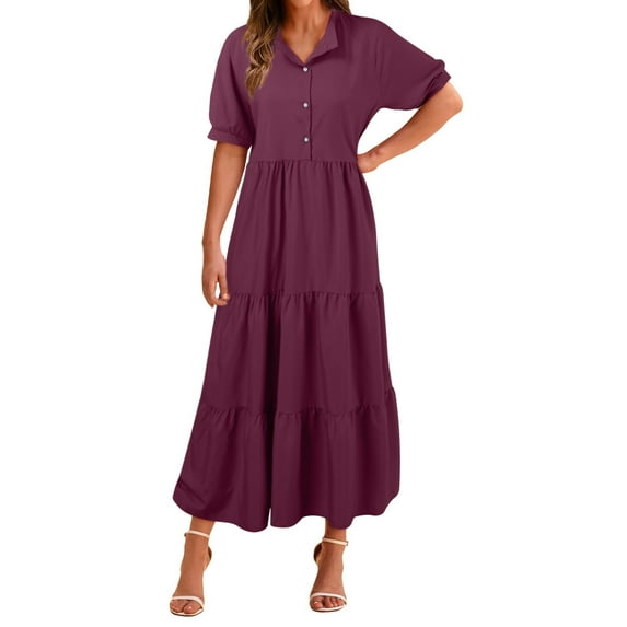 YUHAOTIN Female Long Sleeve White Dress Women's Summer Dresses 2024 Casual Short Sleeve Button Loose Fit Pleated Boho Flowy Swing Long Beach Sun Dress Lace Dress Dress for Women