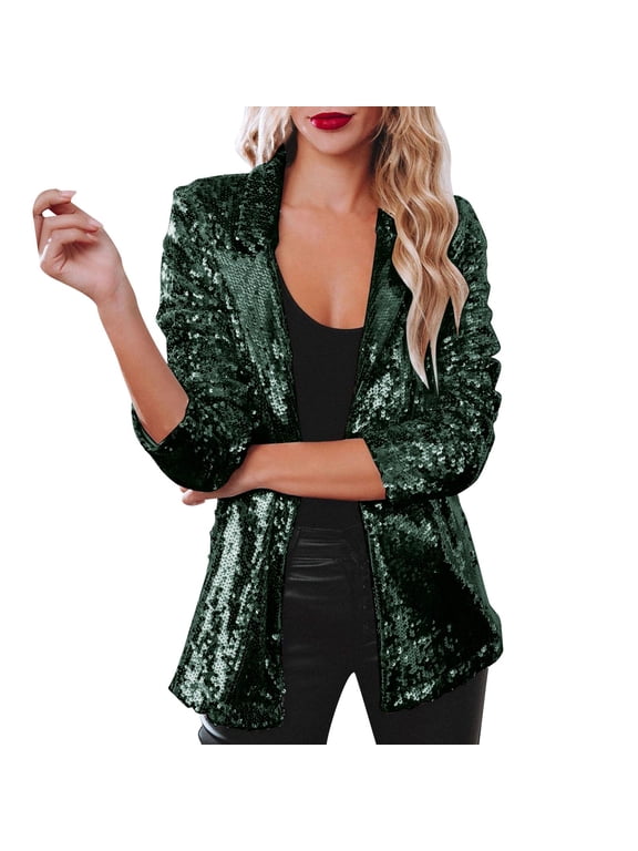 Female Office Jackets for Women Cold Women Sequins Sequin Casual Long Sleeve Glitter Party Shiny Lapel Coat Rave Outerwear Gold Sequin Blazer for Women Plus Size Blazers with Pockets