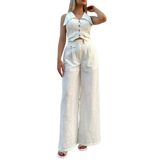YUHAOTIN Female Pant Suits for Women Plus Size Petite Suit Women's Summer Sleeveless Short Vest Top Top with Loose Solid Color Trousers Two Formal Outfits for Women Womens Going Out Outfits
