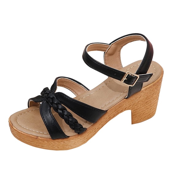 YUHAOTIN Female Sandals Women Beachy Ladies Fashion Summer Solid Leather Knitted Buckle Thick High Heel Sandals Black Sandals Women Heeled Womens Sandals Wide Width