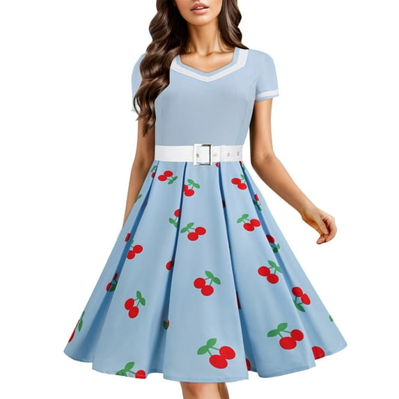 YUHAOTIN Female Stitching Printed V Neck Short Sleeved Waistband Vintage Dress Tutu Summer Dresses for Women 2024 Vacation Trendy off Shoulder Strapless Dress Corset Prom Dress