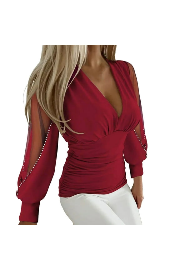 Female T Shirts for Women V Neck Women Sheer Lace Mesh Patch Rhinestone Top Elegant Slim Blouse V Neck Long Sleeve Tops Workout Tops for Women Built in Bra Long Sleeve Strapless Top