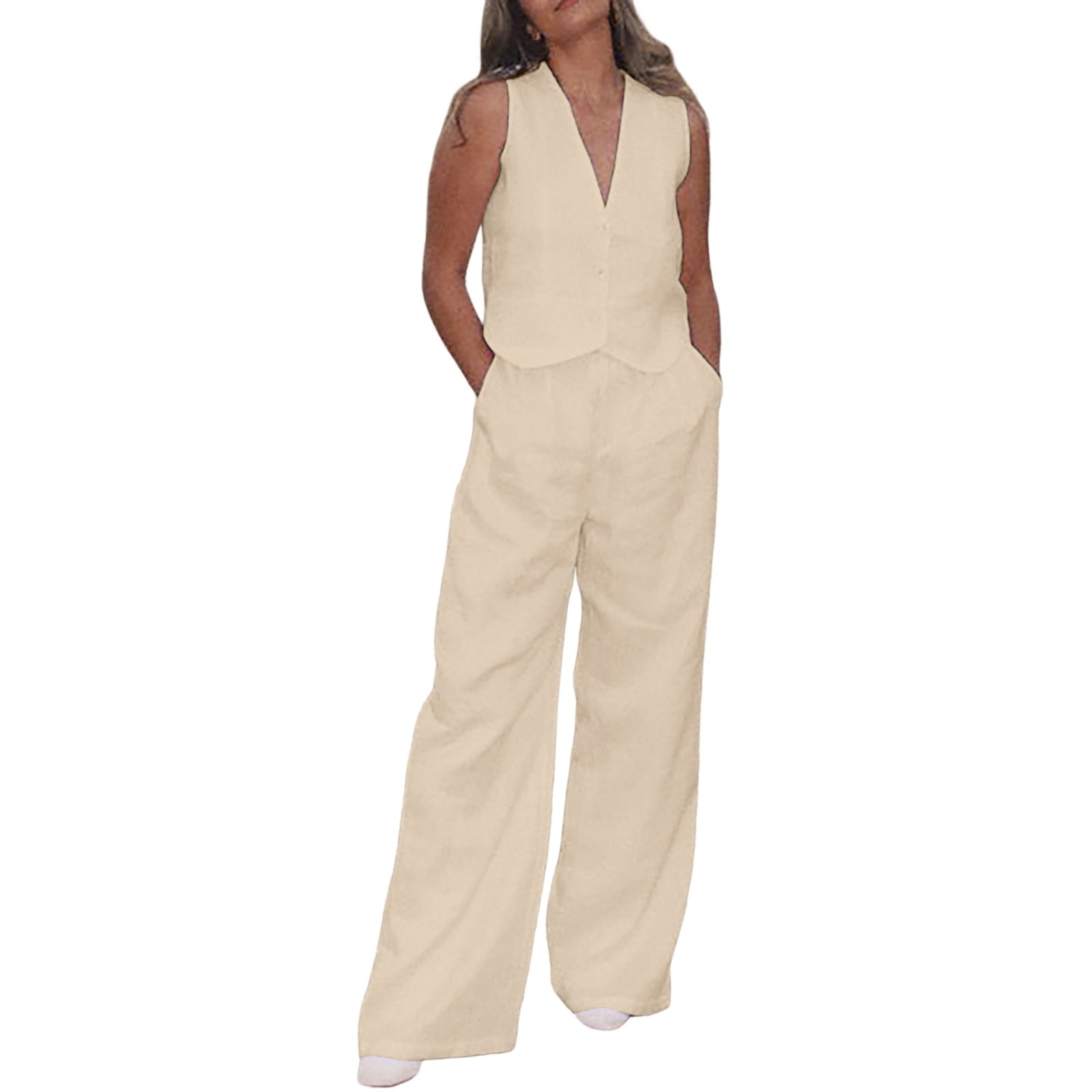 Women Outfits Vest Wide Leg Pants Beige Office Pant Sets