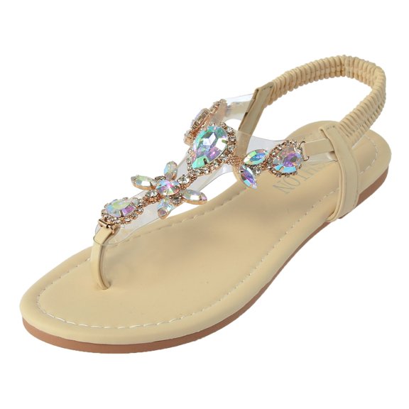 YUHAOTIN Female Womens Platform Sandals White Ladies Fashion Summer Rhinestone Elastic Band Flat Flip Flops Outer Beach Sandals Strappy Sandals for Women Low Heel Walking Sandals Women