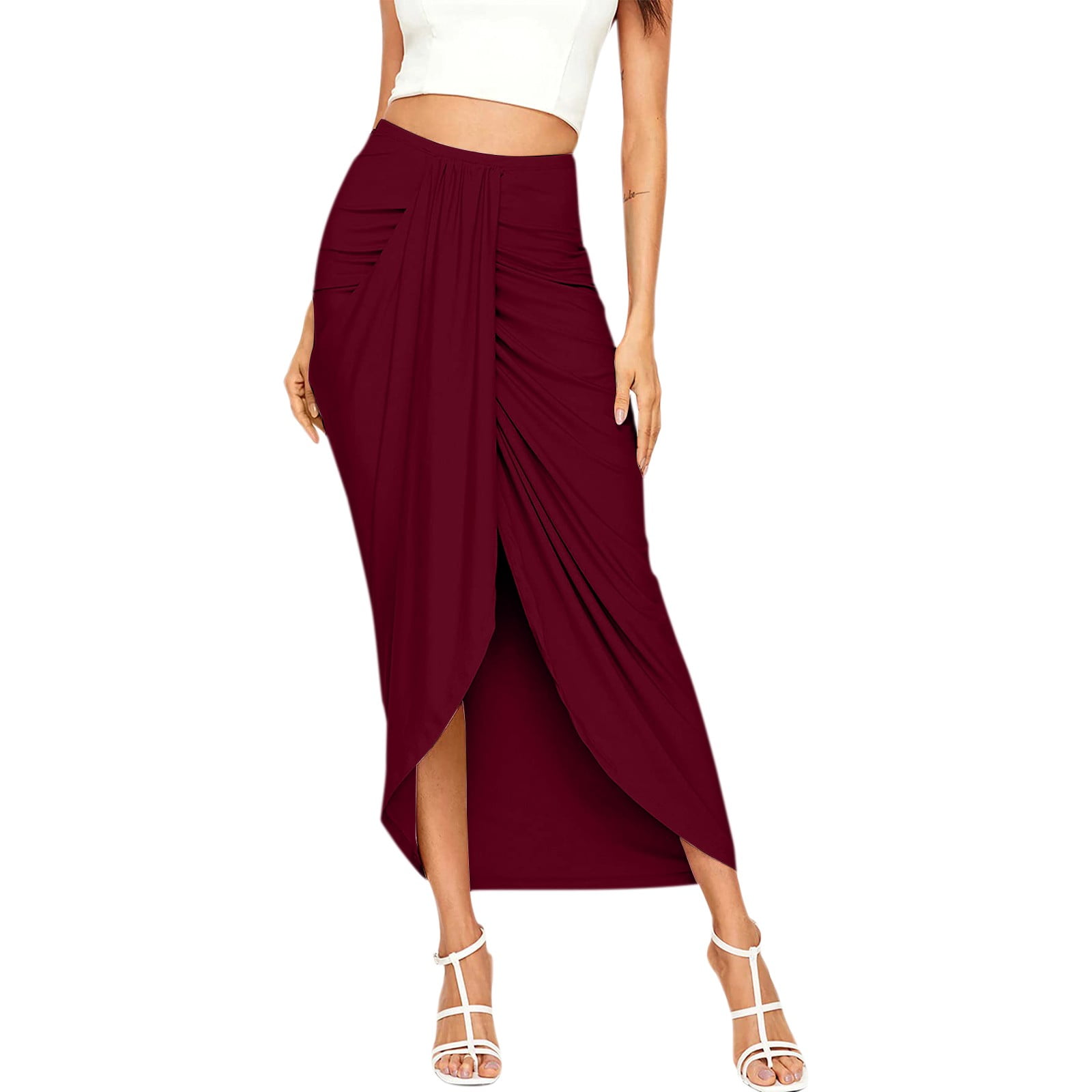 YUHAOTIN Female Womens Skirts Long Spring Womens Solid Draped Slit High Elastic Waist Casual Skirt Wrap Waist Asymmetrical Skirt Plaid Skirt Plus Size Blue Long Skirts for Women Summer Plus Size