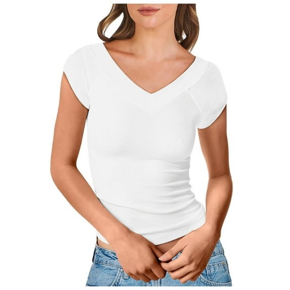 YUHAOTIN Female Womens Summer Tops Sexy Women V Neck T Shirt Basic Top Slim Fit Off Shoulder Casual T Shirt 2024 Summer Clothing Lace Top Plus Size Tops for Women Sexy Casual Elegant