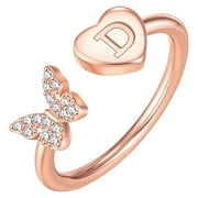 YUHAOTIN Gemstone Rings for Women Stackable Initial Rings Girls Rose Gold Plated Butterfly Capital Letter Initial Rings Teens Girls Letter Rings Stackable Rings for Girls Teen Girls
