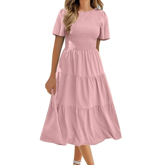 YUHAOTIN Green Velvet Dress Women's 2024 Summer Casual Flutter Short Sleeve V Neck Smocked Elastic Waist Tiered Midi Dress Bridal Shower Dress Pink Sequin Dress