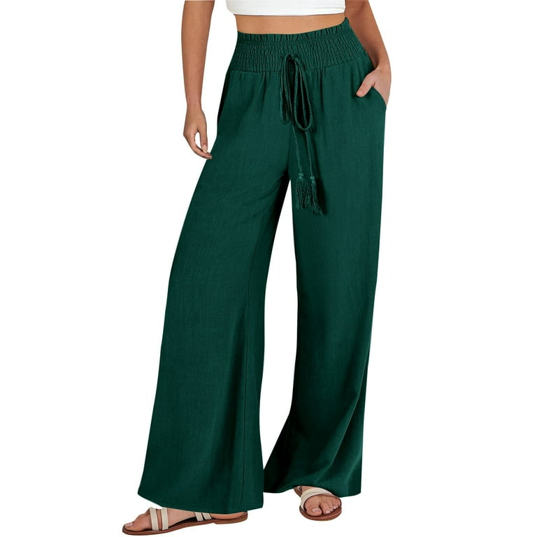 YUHAOTIN High Waisted Linen Pants Women Plus Wide Leg Linen Pants Elastic Drawstring Waist Loose Casual Trousers Summer Beach Boho Resort Wear Women Slacks Pants Business Casual Tall Walmart