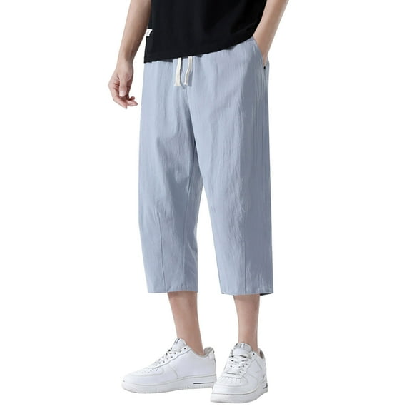 YUHAOTIN Joggers for Men Green Big and Tall Joggers for Men Men's Linen Capri Pants Lightweight Loose 3/4 Shorts Drawstring Elastic Waist Baggy Wide Leg Casual Beach Yoga Trousers