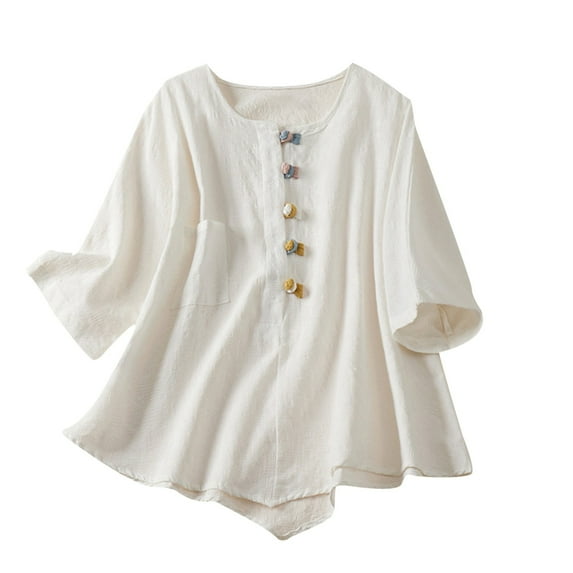 YUHAOTIN Linen Shirt Women Button Down Loose Fit Casual Blouse with Mid Length Sleeves Linen Shirts Women Linen Shirt Women Plus Size