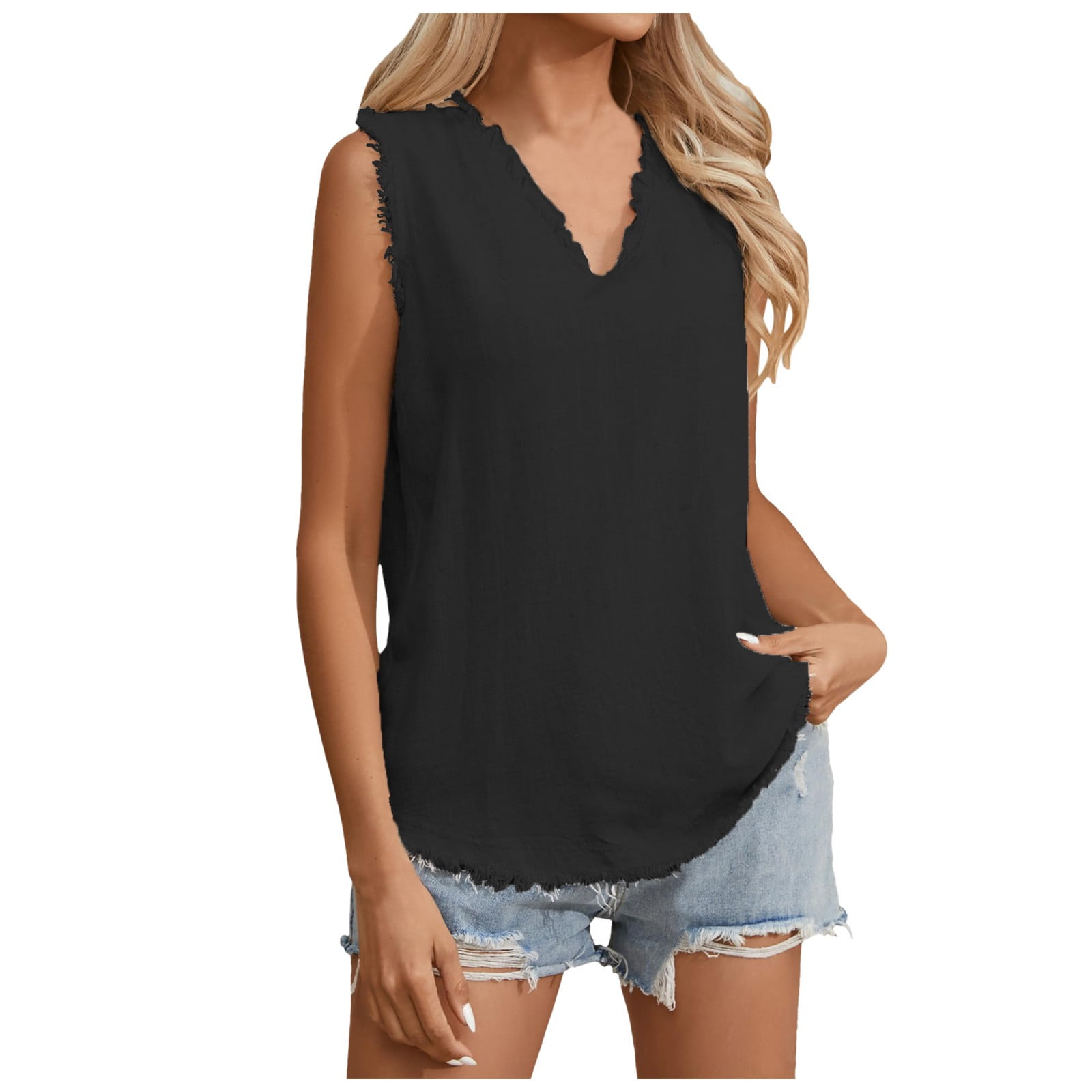 YUHAOTIN Linen Top Sleeveless Ruffled V Neck Tops Summer Linen Tank