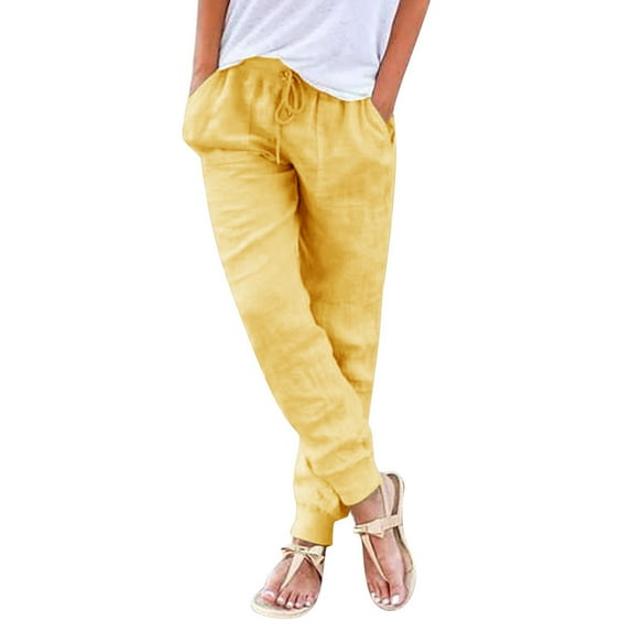 YUHAOTIN Linen Wide Leg Pants Tapered Pants Cotton Linen Drawstring Back Elastic Waist Pants Casual Trousers with Pockets Women's Pants Suit Linen Pants Women Plus Size Yellow