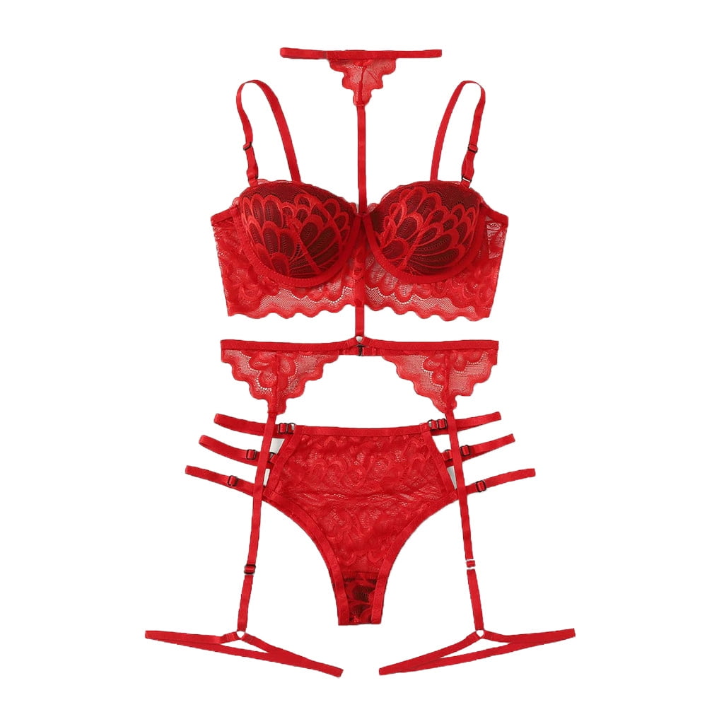 YUHAOTIN Lingerie Outfits Red Exquisite Lace Lingerie Bra+Garter+Briefs