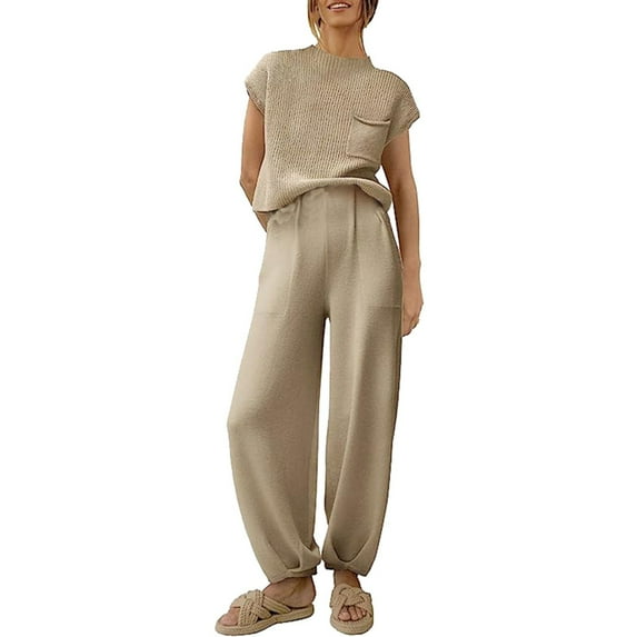 YUHAOTIN Outfit Sets for Women Going Out Night Women's Solid Color Fashionable Casual and Comfortable Knit Sweater Short Sleeve Pants Set Tracksuit Set Women Womens 2 Piece Outfits Fall