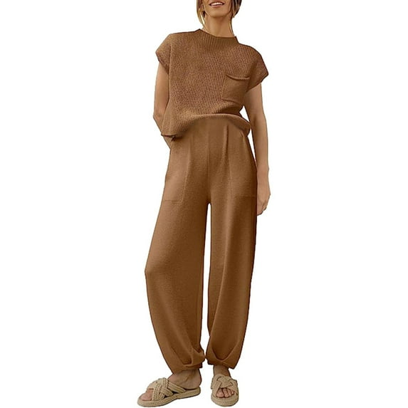 YUHAOTIN Outfits for Women 2 Piece Sets Women's Solid Color Fashionable Casual and Comfortable Knit Sweater Short Sleeve Pants Set Blue Sweatsuit Pink Sweatsuit