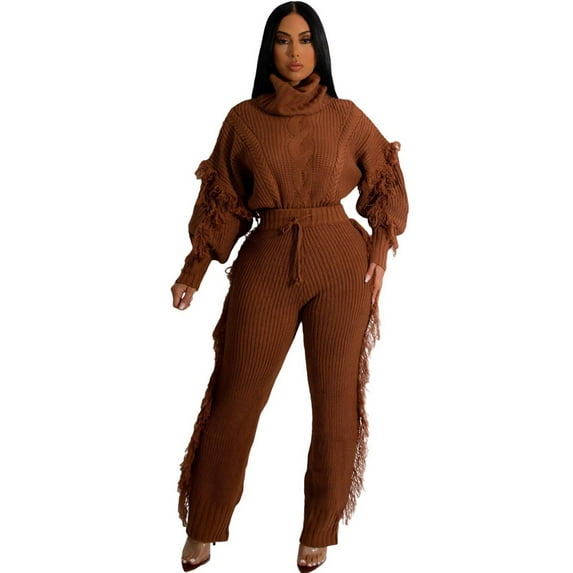 YUHAOTIN Pink Velour Tracksuit Fashionable Casual Solid Color Knitted Long Sleeve Turtleneck Fringe Sweater Set Business Casual Outfits for Women 2024 Trendy Outfits for Women 2 Piece Sets Formal
