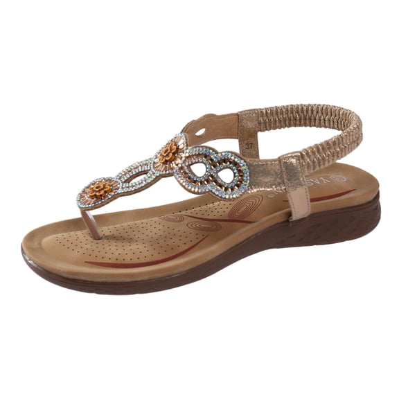 YUHAOTIN Womens Sandals Dressy Flat Red Wedges Sandals Elastic Ankle Strap Casual Bohemian Beach Shoes Rhinestone Decor Toe Post Thong Sandals Black Sandals Women Flat with Back Saltwater Sandals
