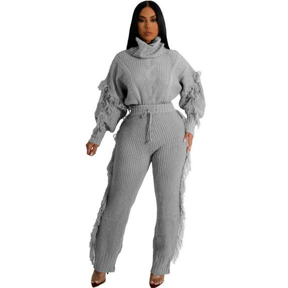 YUHAOTIN Sweatsuit Sets for Women 2 Piece Fashionable Casual Solid Color Knitted Long Sleeve Turtleneck Fringe Sweater Set Sweatsuits for Women Set 2 Piece Hoodie Tall Sweatsuits for Women Plus Size