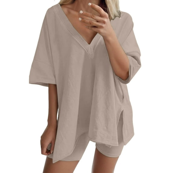YUHAOTIN Two Piece Sets for Women Summer Shorts White Oversized 2 Piece Clothing Set V Neck T Shirt Shorts Activewear Womens Beach Shirt Shorts Set Shorts and Top Set for Women
