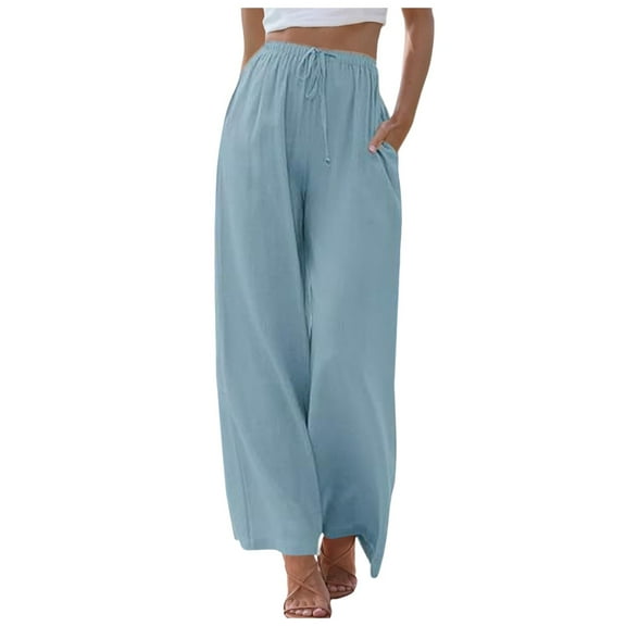 YUHAOTIN Women's Slacks with Pockets and Elastic Waist Linen High Waisted Wide Leg Palazzo Pants Casual Summer Drawstring Trousers Flowy Beach Pants with Pockets Tailored Trousers for Women
