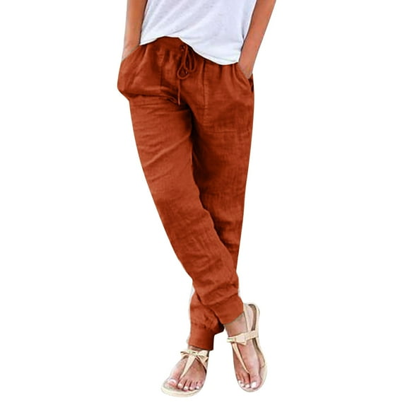 YUHAOTIN Womens Linen Pants White Tapered Pants Cotton Linen Drawstring Back Elastic Waist Pants Casual Trousers with Pockets Womens Sweatpants Joggers Warm High Waisted Linen Pants Women
