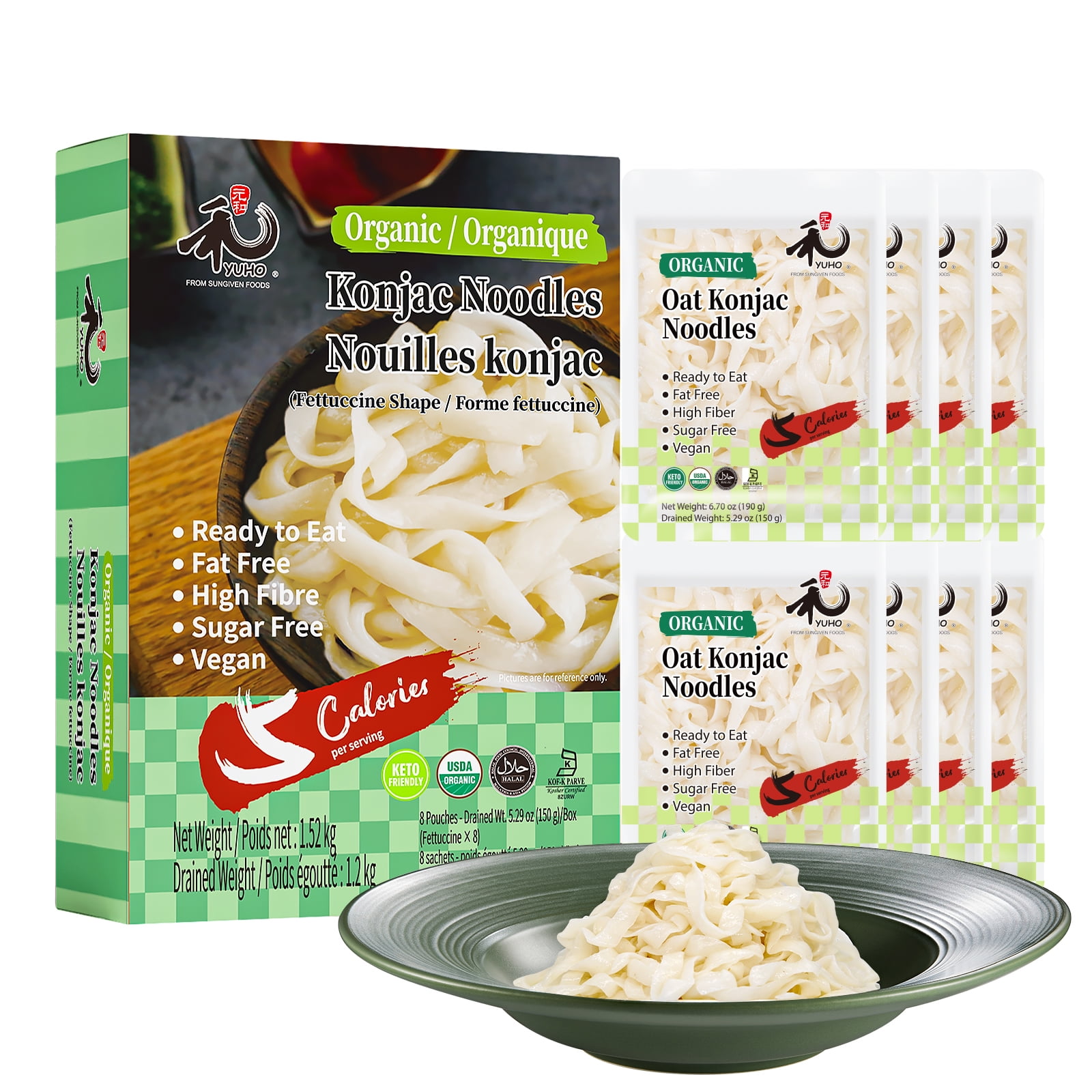 YUHO Organic Shirataki Konjac Fettuccine 8 Pack, Vegan, Low-Calorie, Zero Carbs, 53.61 oz