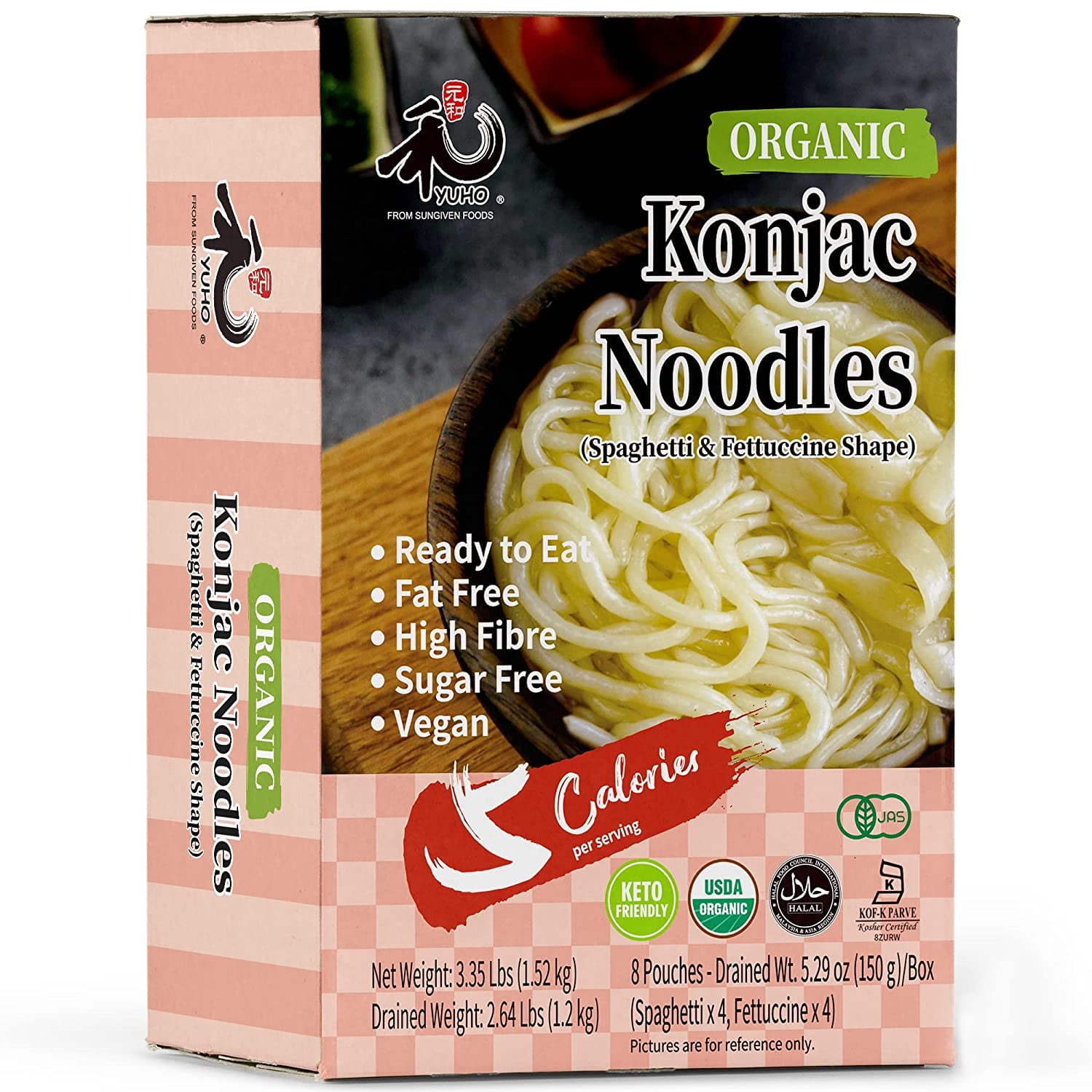 YUHO Organic Shirataki Konjac Pasta Variety 8 Pack Inside, Vegan, Low Calorie Food, Fat Free, Keto Friendly, Zero Carbs, Healthy Diet Pasta 53.61 Oz, 4 Noodles, 4 Fettuccin