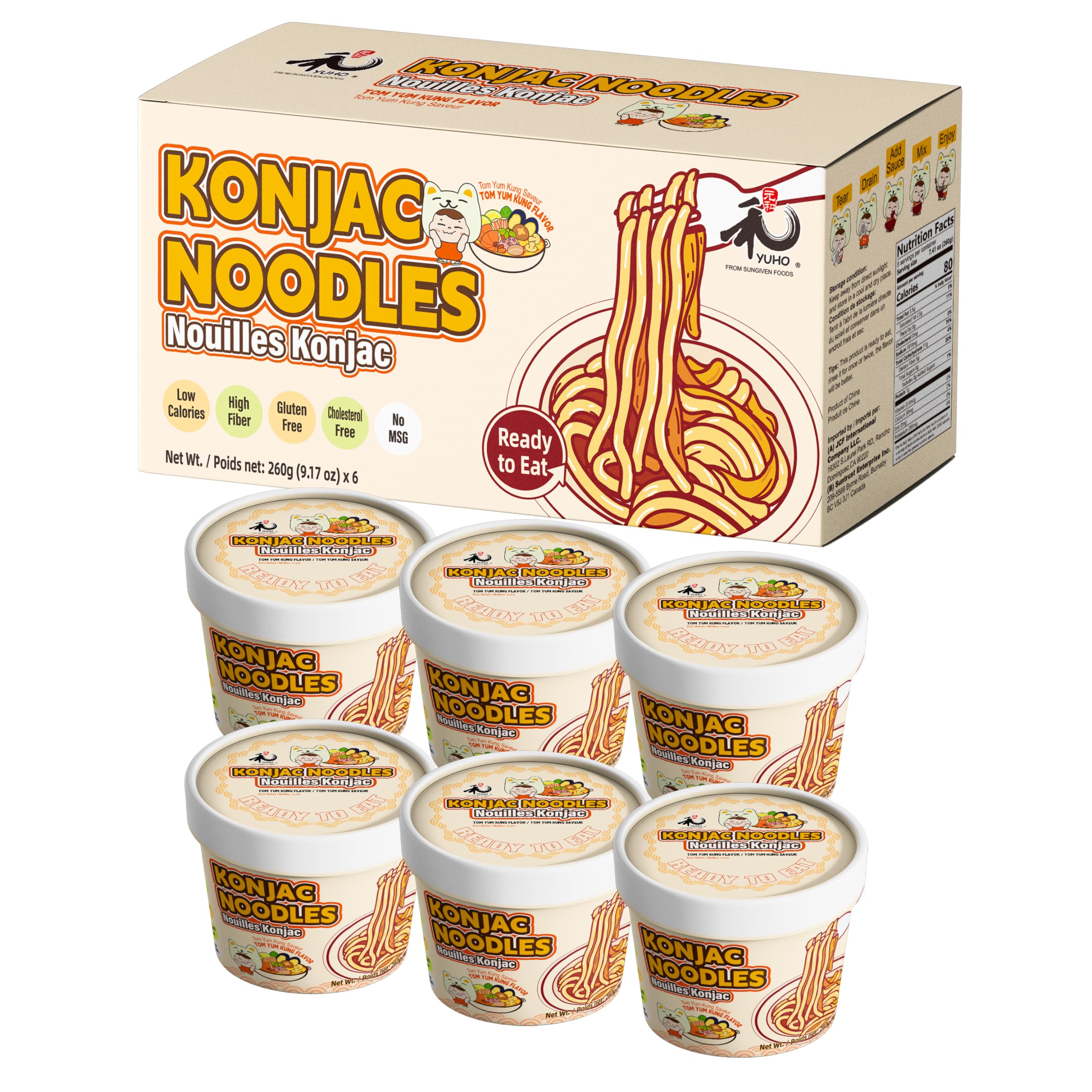 YUHO Shirataki Konjac Angle Hair Tom Yum 6 Pack, Gluten Free, FatFree