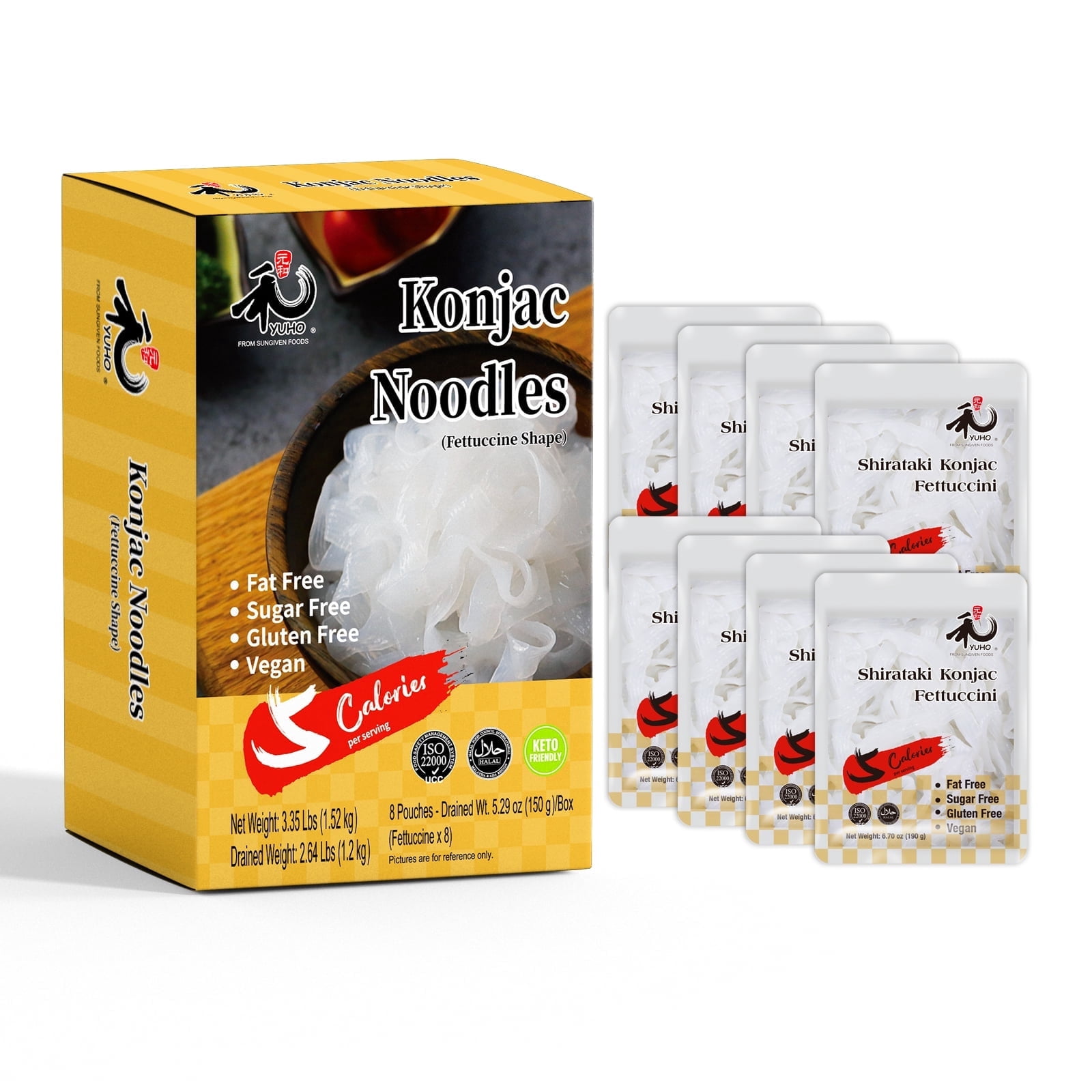 YUHO Shirataki Konjac Fettuccine Noodles 8 Pack Low Carb Vegan