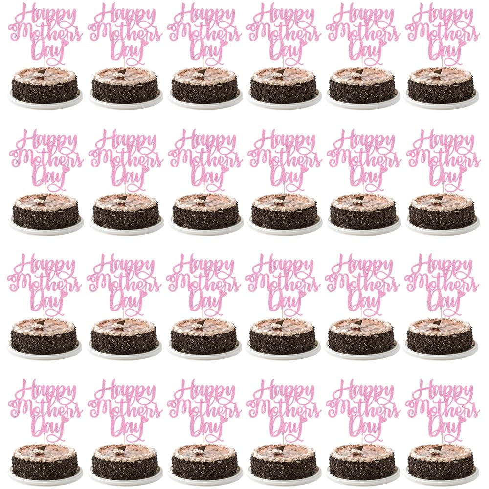 24-Pack Mother's Day Cupcake Toppers - Glitter Heart & Rose Designs For Cake Decorating