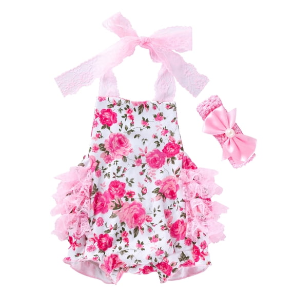 YUIVH Baby Girl Bodysuit Toddler Girls Romper Bodysuit Rose Prints Lace Fashion For Clothes With Headbands Sweet Summer Romper Onesie