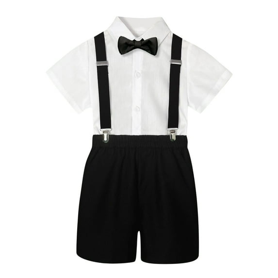YUIVH Boy Clothes Formal Suit Stylish Kids Boys Summer New Short Sleeved Shirt Suspenders Shorts Bow Tie 4Pc Children Performance Clothes Printed T-shirt and Shorts Set