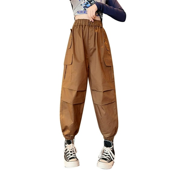 YUIVH Girls Cargo Pants Elastic Waist Lightweight Outdoor Girl's Overalls Spring Autumn Big Children's Casual Loose Cargo Pants Kids Loose Comfy School Trousers