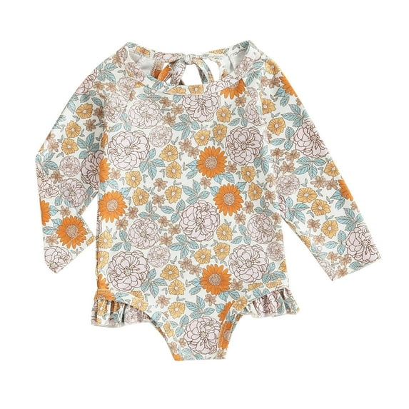 Youmylove Girls Cartoon Bathing Suit Toddler Baby Girls 1 Piece Long Sleeve Flower Print Swimsuit Bathing Suit Beachwear Swimwear Beach Swimwear for Kids