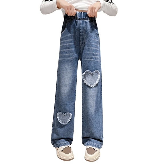 YUIVH Girls Jeans Denim Elastic Wasit Wide Leg Baggy Pants Toddler Girls Summer Jeans High Waist Slim Flare Pants Straight Leg Cargo Long Pants