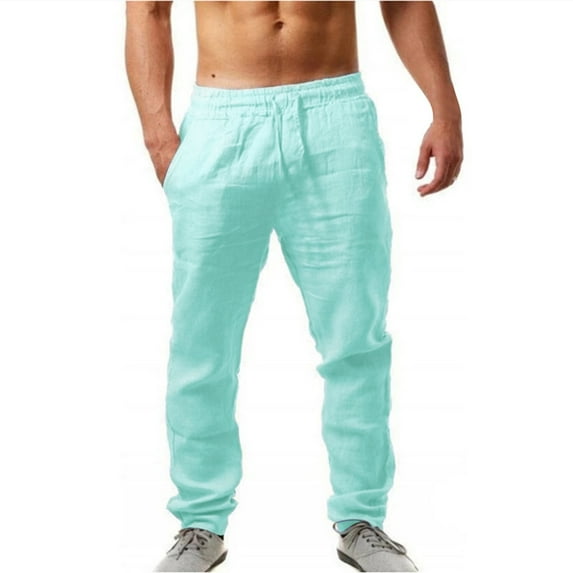 YUIVH Men's Classic Fit Pant Elastic Pants Solid Color Breathable Cotton Linen Loose Casual Pants Stylish Beach Summer Pants