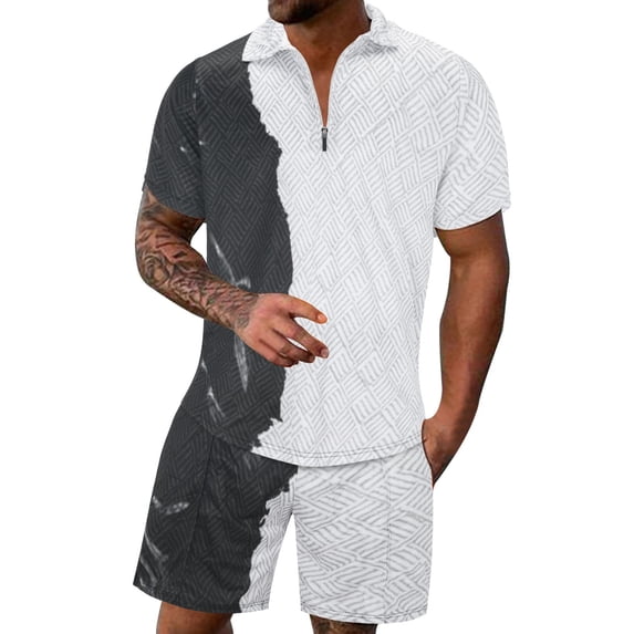 YUIVH Men's Classic Fit Short Sleeve Polo Shirt Casual Striped Gradient Print Two Piece Zipper Top Suit Drawstring Pocket Short Set Comfortable Breathable Tops