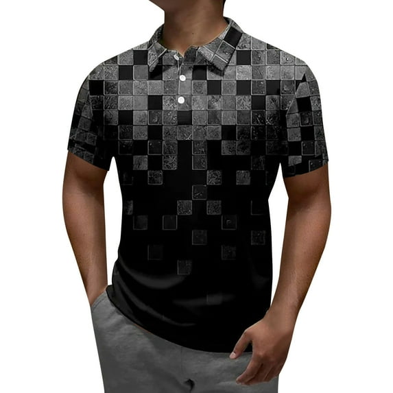 YUIVH Men's Classic Fit Short Sleeve Polo Shirt Striped Printing Summer Fashion Casual Lapel Button Shirt Fashion Casual Summer Beach Shirts