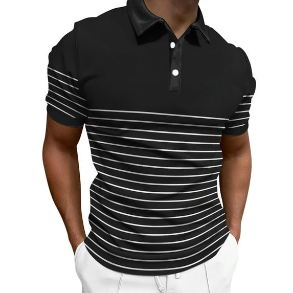 YUIVH Men's Classic Shirt Casual Fashion Color Matching Striped Shirt Base Shirt Print Button Lapel Short Sleeve Golf Shirt Fashion Casual Summer Beach Shirts