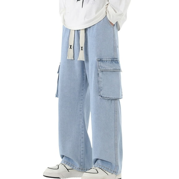 YUIVH Men's Jeans Slim Straight Jean Male Trendy Multi Pocket Workwear Jeans Gender Loose Wide Leg Pants Workwear Pants Trends Versatile Trousers