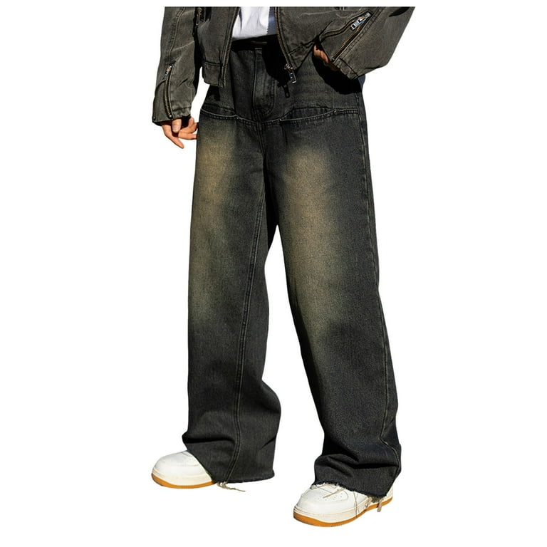 YUIVH Men's Relaxed Fit Flex Jeans Male Fashion Vintage Baggy